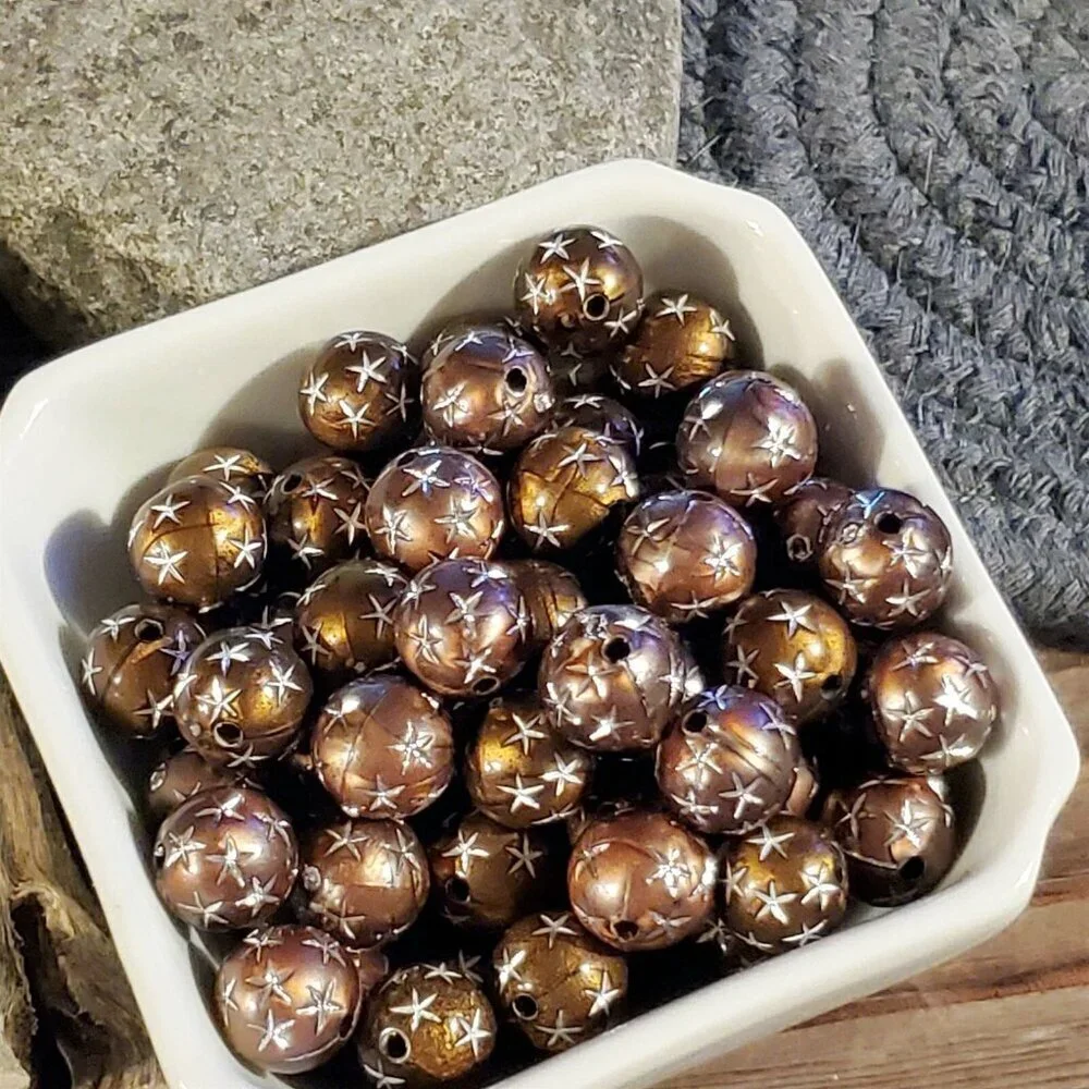 10 Vintage Retro Brown Silver Stars 12mm Round Acrylic Shabby Chic Beads